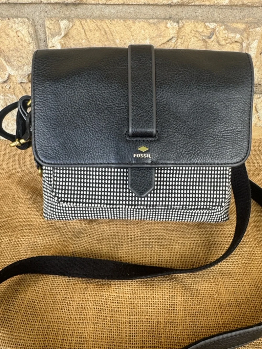 Fossil Black Leather Crossbody with Black & White Pattern NWOT